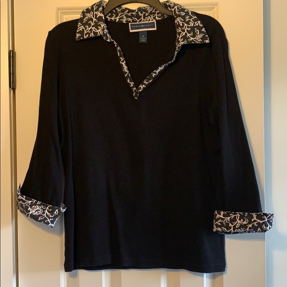 Karen Scott Black Cotton V-neck Collar Top